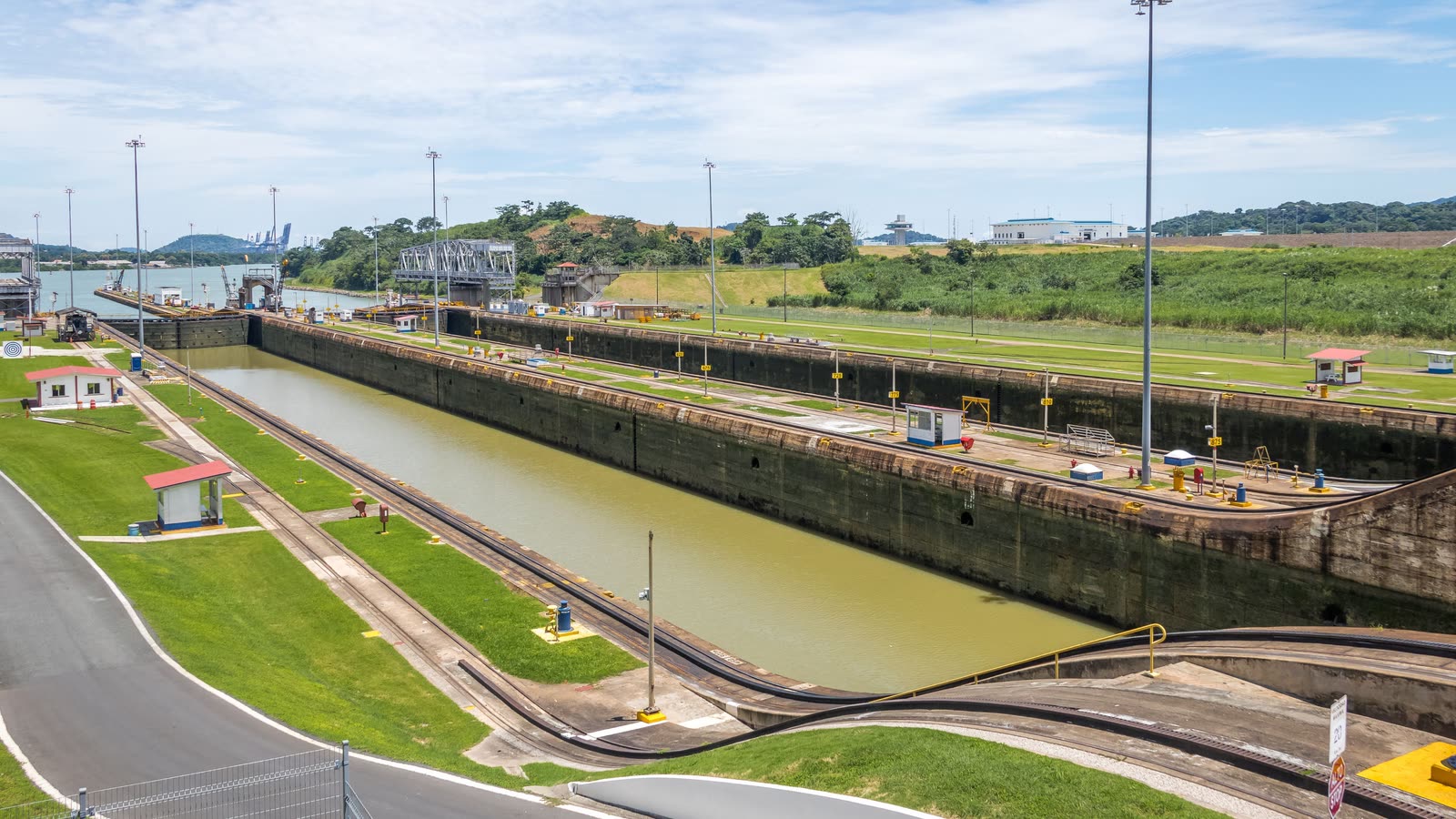 A cruise ship transiting the Miraflores Locks of the Panama Canal